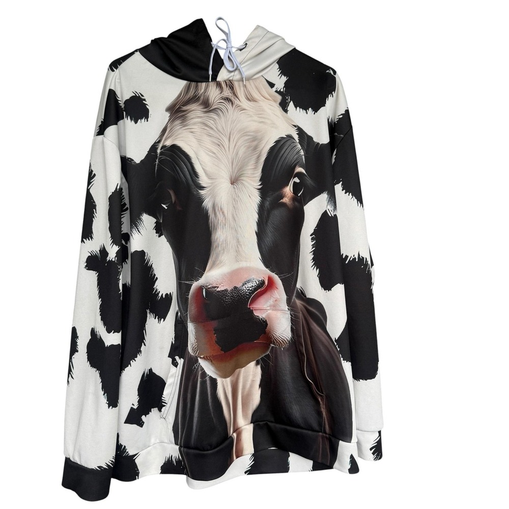 Cow Print Hoodie Unisex 3XL Black White Cow Face Graphic Pullover Sweatshirt